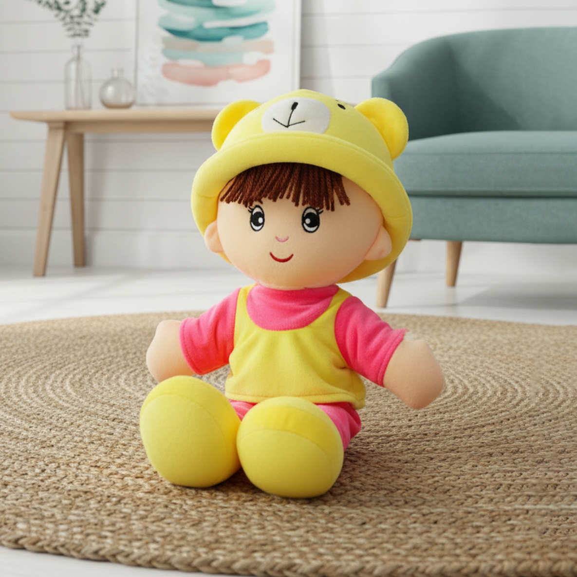 Plush toy with a yellow outfit and pink shirt on a textured rug